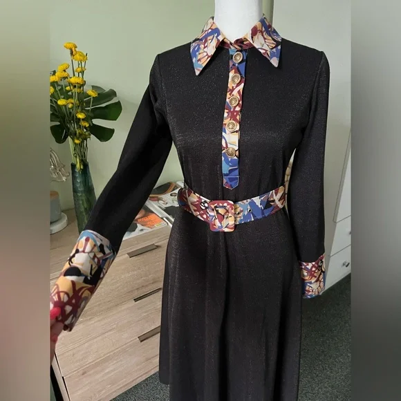 Modest Black Glitter & Vintage Floral Antique Gold Button Fit & Flare Dress Sz S - Picture 2 of 16